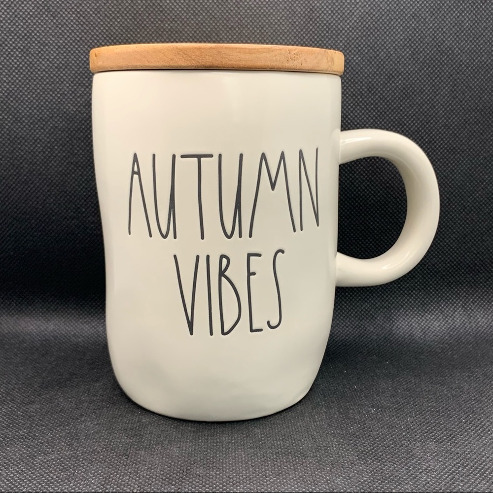 Rae Dunn AUTUMN VIBES Ceramic Mug with Wood Coaster Lid